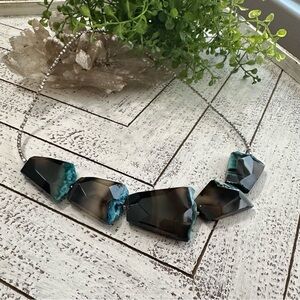 Chunky Black Teal Blue Agate Stone Necklace Brutalist Style
